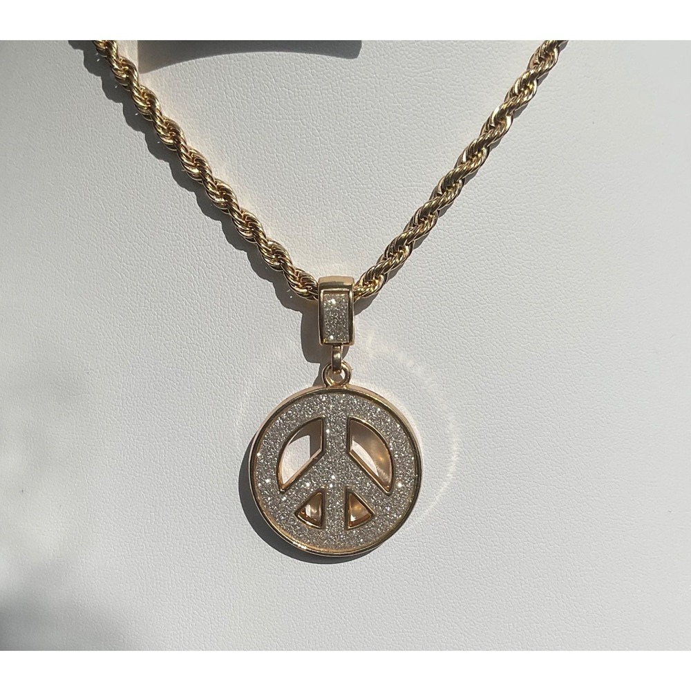 Gold Plated Necklace & Rhinestone PEACE Symbol Pendant Necklace 24"